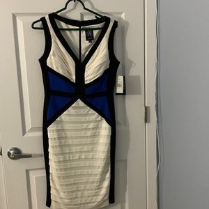 New dress color ivory/cobalt size 8. Back zipper. Material polyester, spandex